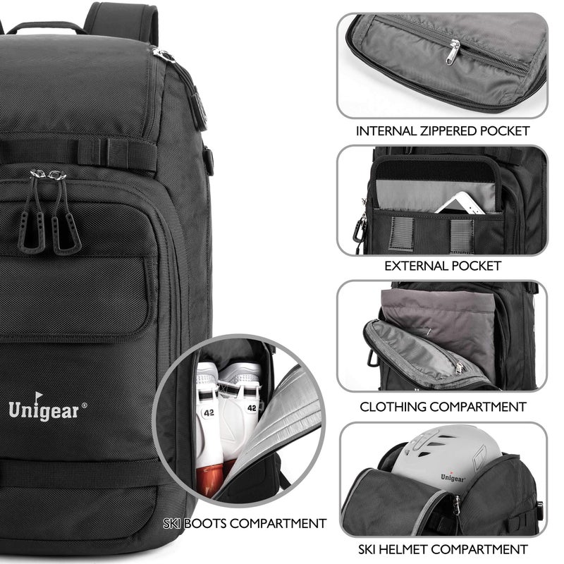 Unigear Ski Boot Bag Backpack for Helmet 50L/70L, Goggles, Gloves, Skis, Snowboard & Accessories (Black) - Image 3